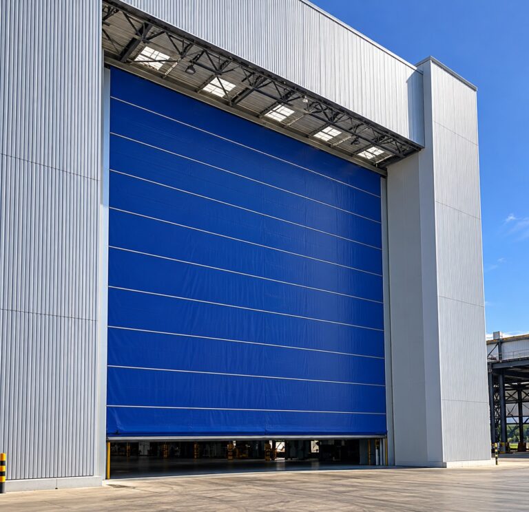 Mavi branda panelli büyük açıklıklı Hangar Branda Kapı dış cephe uygulaması
